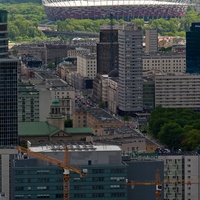 Skrót perspektywiczny otoczenia Świętokrzyskiej, w tle Stadion Narodowy i Grochów.